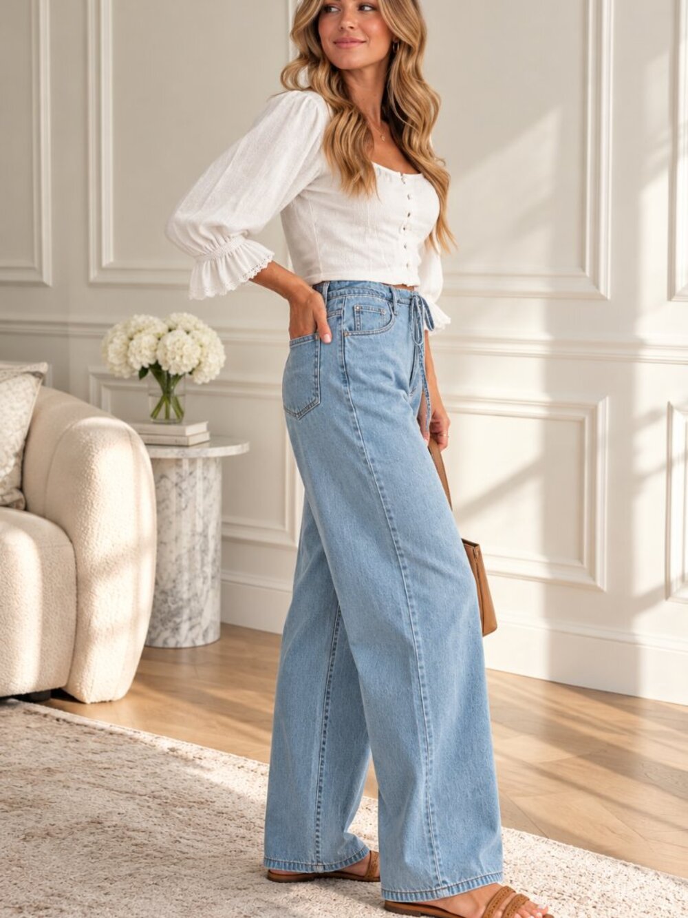 Annabella Relaxed Denim Pants with Drawstring Waist | Women's Jeans | Summer - Picture 3 of 10